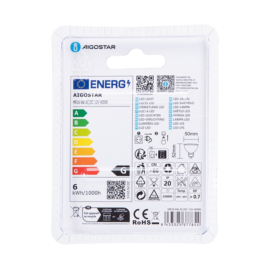 LED glödlampa MR16 GU5,3/6W/12V 4000K - Aigostar