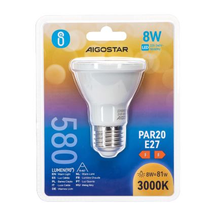 LED glödlampa PAR20 E27/8W/230V 3000K - Aigostar
