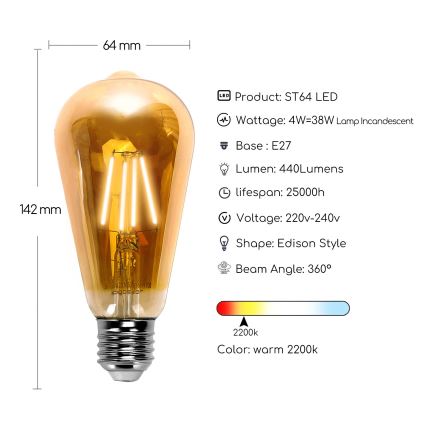 LED glödlampa ST64 E27/4W/230V 2200K - Aigostar
