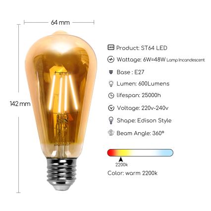 LED glödlampa ST64 E27/6W/230V 2200K - Aigostar