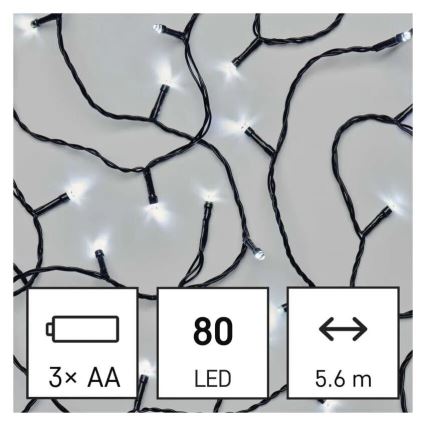 LED julkedja för utomhusbruk 80xLED/3xAA 6,1m IP44 kall vit