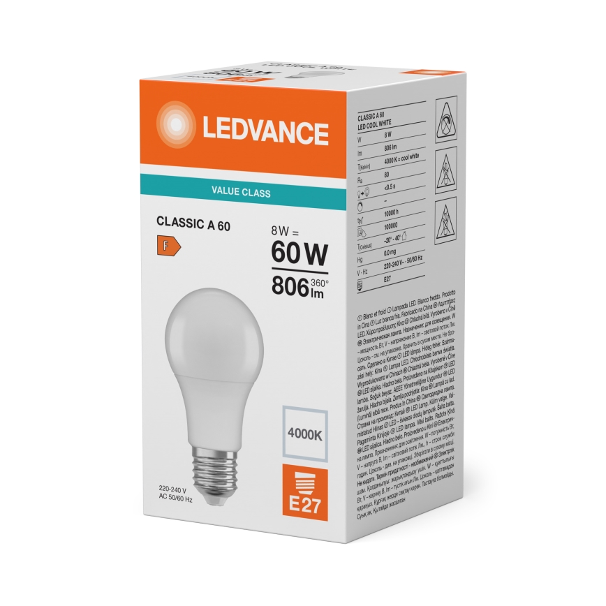 LED-lampa CLASSIC A60 E27/8W/230V 4000K - Ledvance