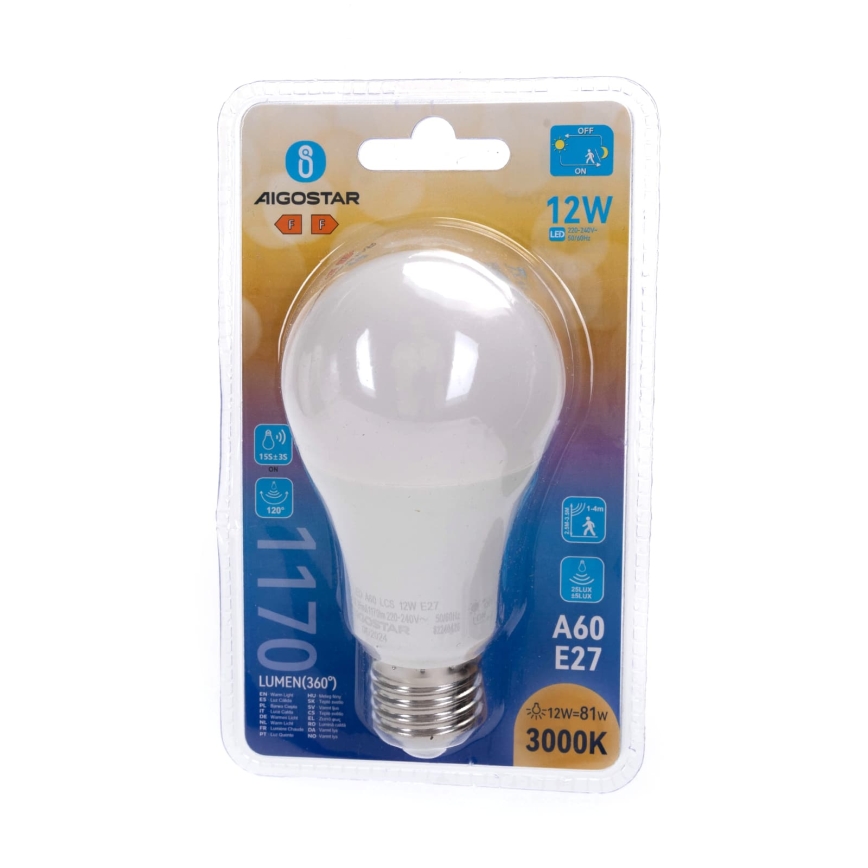 LED-lampa med rörelse- och skymningssensor A60 E27/12W/230V 3000K - Aigostar
