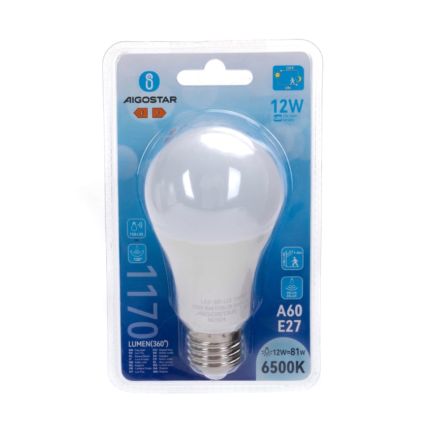 LED-lampa med rörelse- och skymningssensor A60 E27/12W/230V 6500K - Aigostar