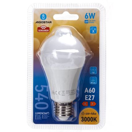 LED-lampa med rörelse- och skymningssensor A60 E27/6W/230V 3000K - Aigostar