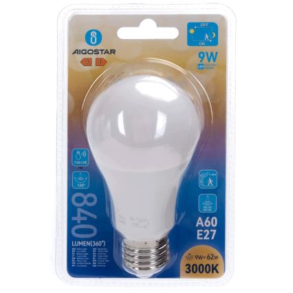 LED-lampa med rörelse- och skymningssensor A60 E27/9W/230V 3000K - Aigostar