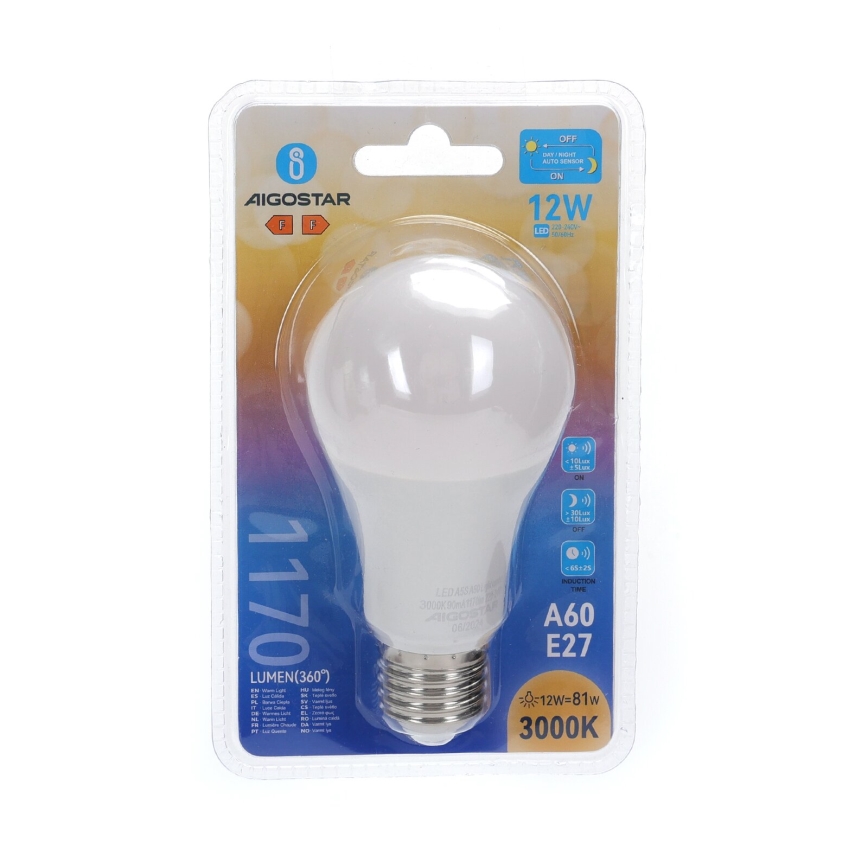LED-lampa med skymningssensor A60 E27/12W/230V 3000K - Aigostar