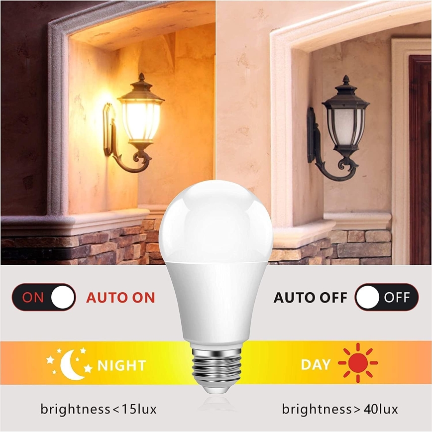 LED-lampa med skymningssensor ECOLINE A60 E27/12W/230V 3000K - Brilagi