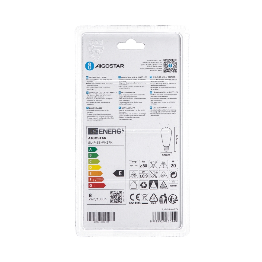 LED-lampa ST64 E27/8W/230V 2700K - Aigostar