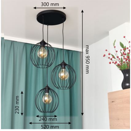 LED ljuskrona med textilsladd MERCURE 3xE27/15W/230V ø 50 cm svart