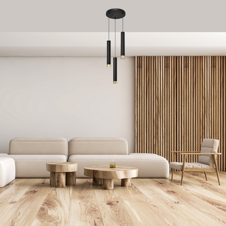 LED Ljuskrona med textilsladd TUBA 3xGU10/6,5W/230V svart/gyllene