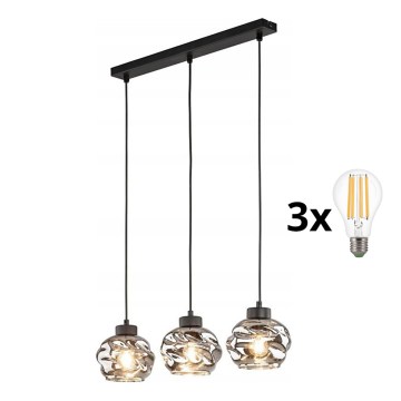 LED-ljuskrona på vajer ZULIA 3xE27/15W/230V svart/rökfärgat