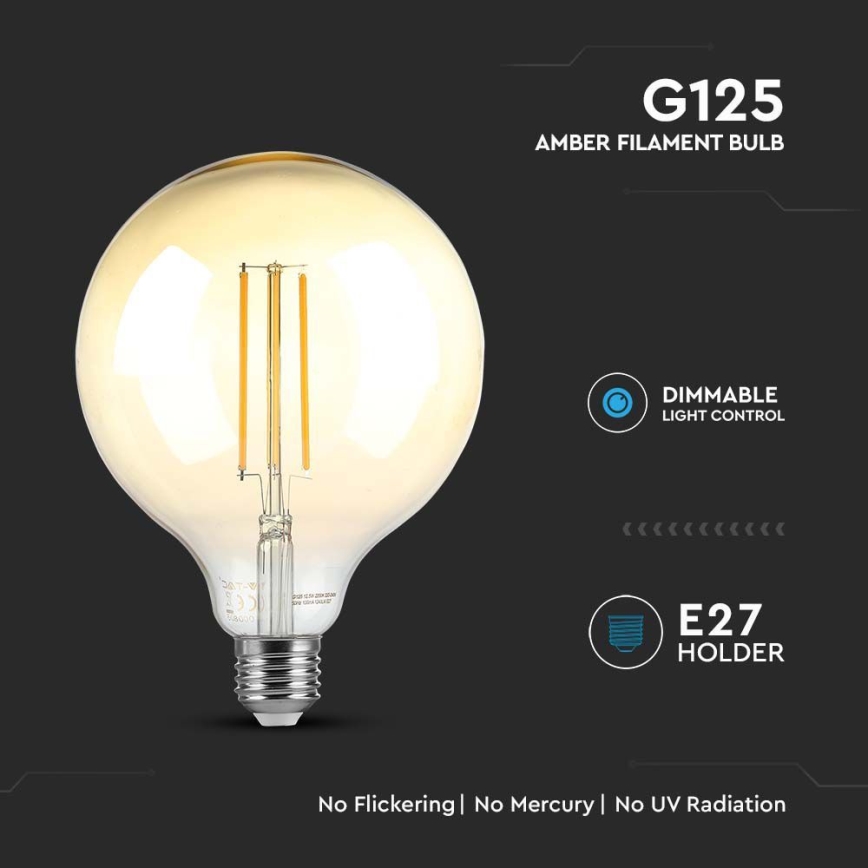 LED Ljusreglerad glödlampa FILAMENT G125 E27/8W/230V 2200K
