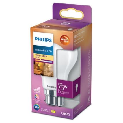 LED Ljusreglerad glödlampa Philips Warm Glow A60 B22/7,2W/230V 2200-2700K CRI 90