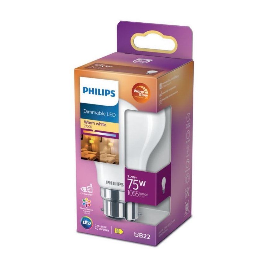 LED Ljusreglerad glödlampa Philips Warm Glow A60 B22/7,2W/230V 2200-2700K CRI 90