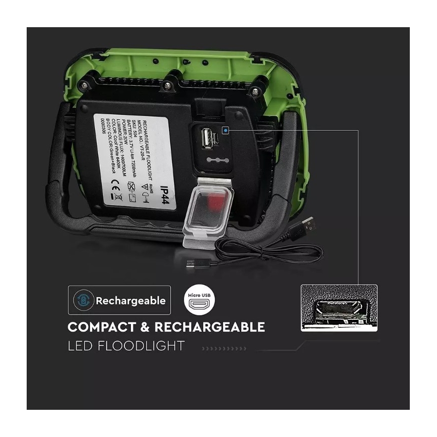 LED Ljusreglerad uppladdningsbar strålkastare SAMSUNG CHIP + funktion SOS LED/20W/3,7V/USB IP44 4000K 7200 mAh grön