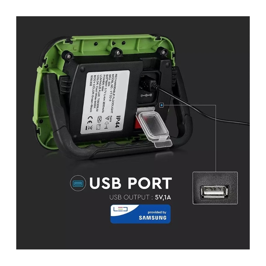 LED Ljusreglerad uppladdningsbar strålkastare SAMSUNG CHIP + funktion SOS LED/20W/3,7V/USB IP44 4000K 7200 mAh grön