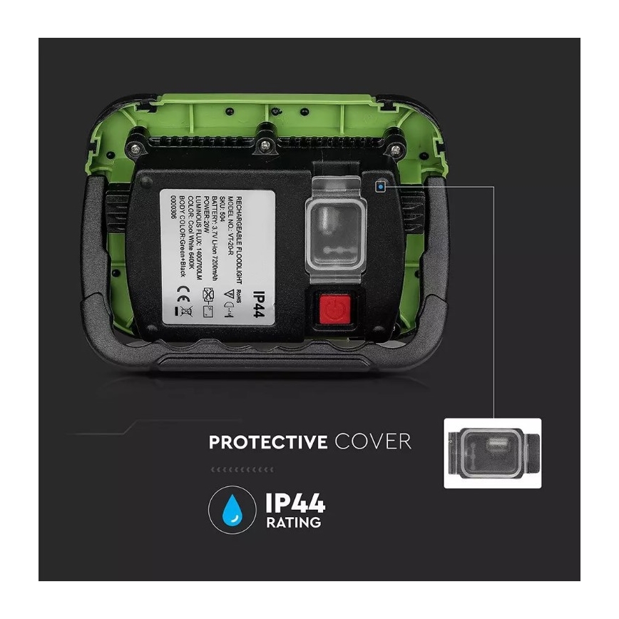 LED Ljusreglerad uppladdningsbar strålkastare SAMSUNG CHIP + funktion SOS LED/20W/3,7V/USB IP44 4000K 7200 mAh grön