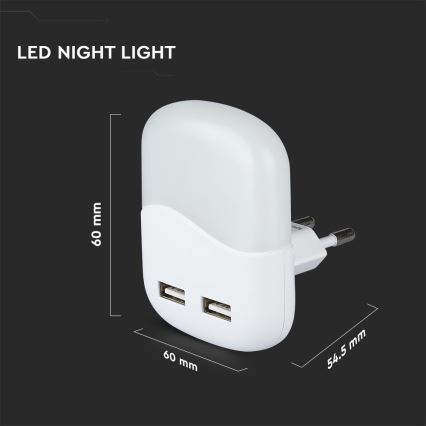 LED nattlampa med skymningssensor för vägguttag 2xUSB LED/0,45W/230V 4000K