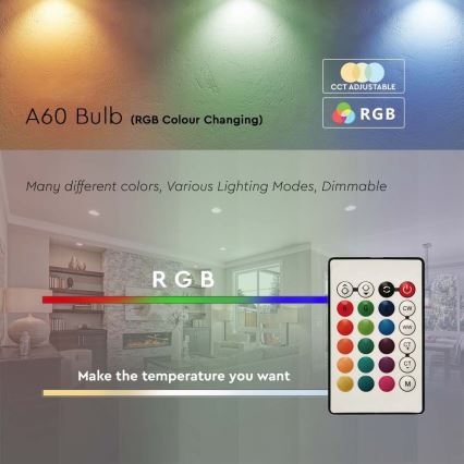LED RGB dimbar glödlampa A60 E27/8,5W/230V 4000K + fjärrkontroll