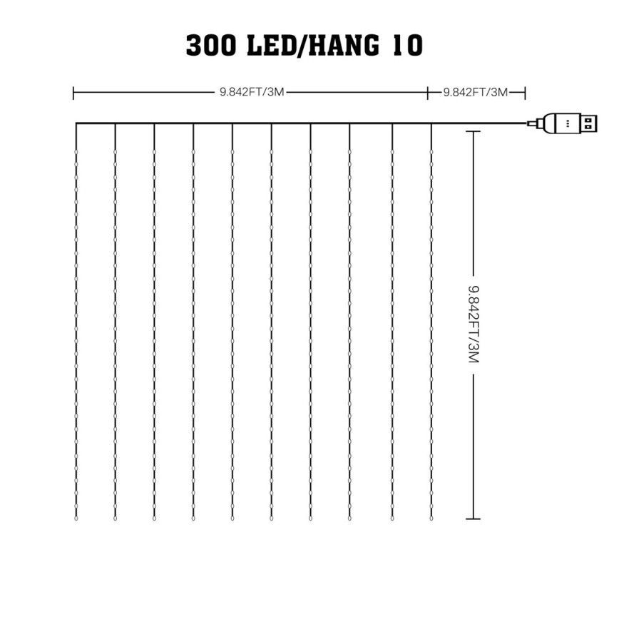 LED RGB dimbar ljusgardin WIZARD 300xLED/USB 3x3m + fjärrkontroll