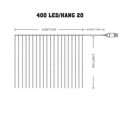 LED RGB Ljusreglerad Julgardin WIZARD 400xLED/USB 2x2m + fjärrkontroll