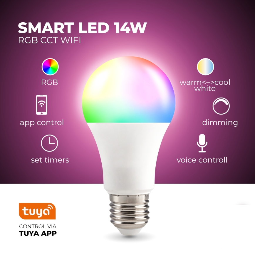 LED RGB Smart dimbar glödlampa E27/9,5W/230V 2700-6500K Wi-Fi Tuya