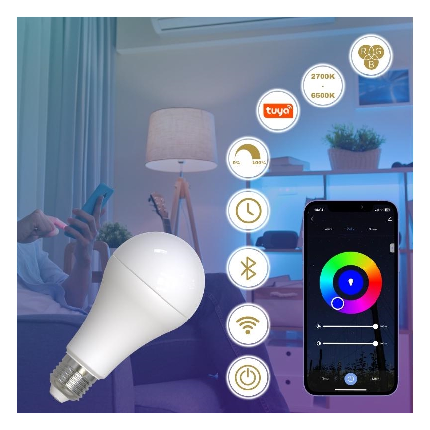 LED RGBW dimbar lampa A60 E27/15W/230V 2700-6500K Wi-Fi Tuya