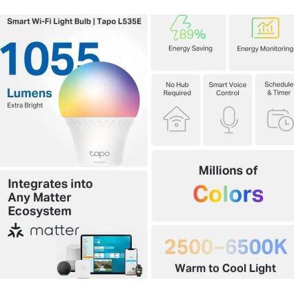 LED RGBW dimbar glödlampa MATTER A60 E27/8,6W/230V 2500-6500K Wi-Fi - TP-Link