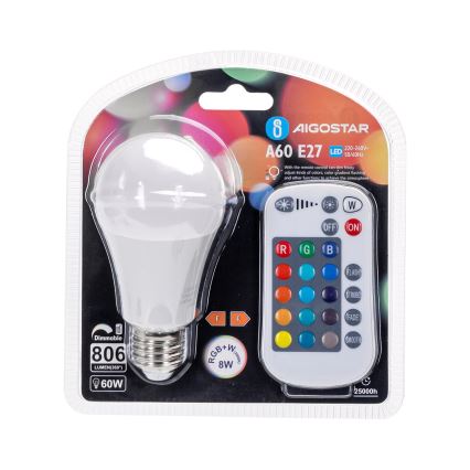 LED RGBW dimbar lampa E27/8W/230V 3000K + fjärrkontroll - Aigostar