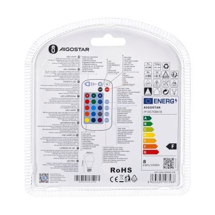 LED RGBW dimbar lampa E27/8W/230V 3000K + fjärrkontroll - Aigostar