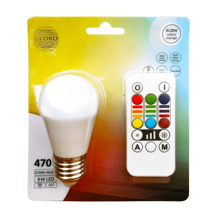 LED RGBW dimbar lampa E27/6W/230V 3000K + fjärrkontroll - Globo