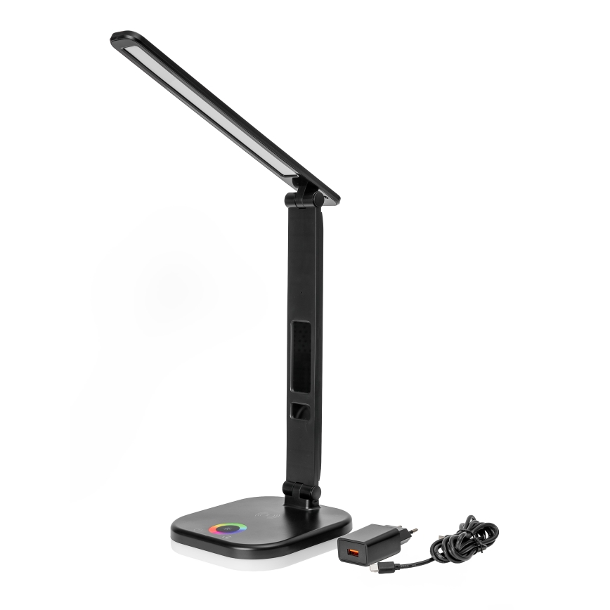 LED RGBW Dimbar touch bordslampa med trådlös laddning, LCD display och USB port MAGNUS LED/6W/5V 3000-6500K svart