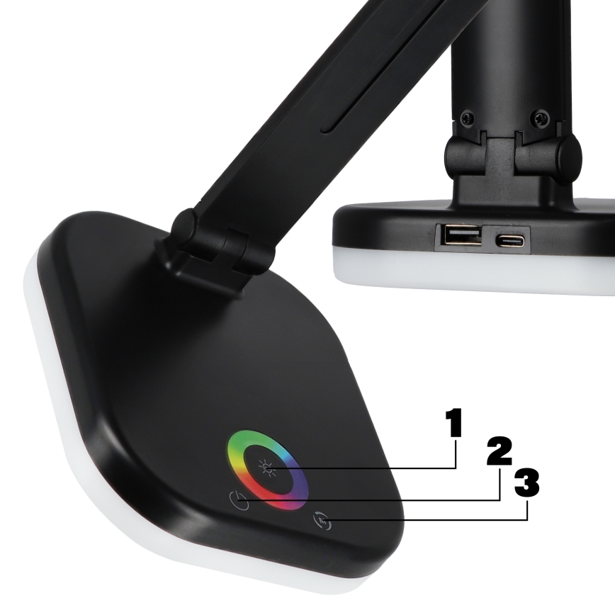 LED RGBW dimmbar skrivbordslampa med trådlös laddning LED/7W/5V USB svart
