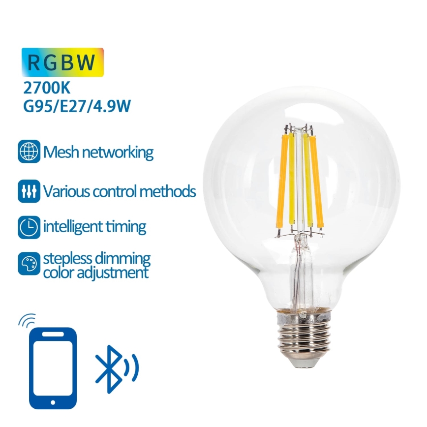 LED RGBW dimbar lampa FILAMENT MESH Smart G95 E27/4,9W/230V 2700K - Aigostar