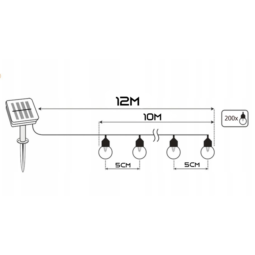 LED solcellsdriven dekorationsslinga 200×LED/1,2 V 800 mAh 12 m IP44 svart