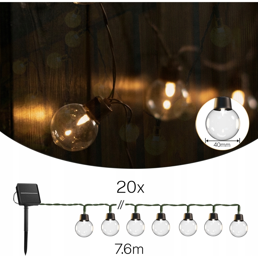 LED solcellsdriven ljusslinga 20x LED/8 funktioner 500 mAh 7,6 m IP67 varmvit