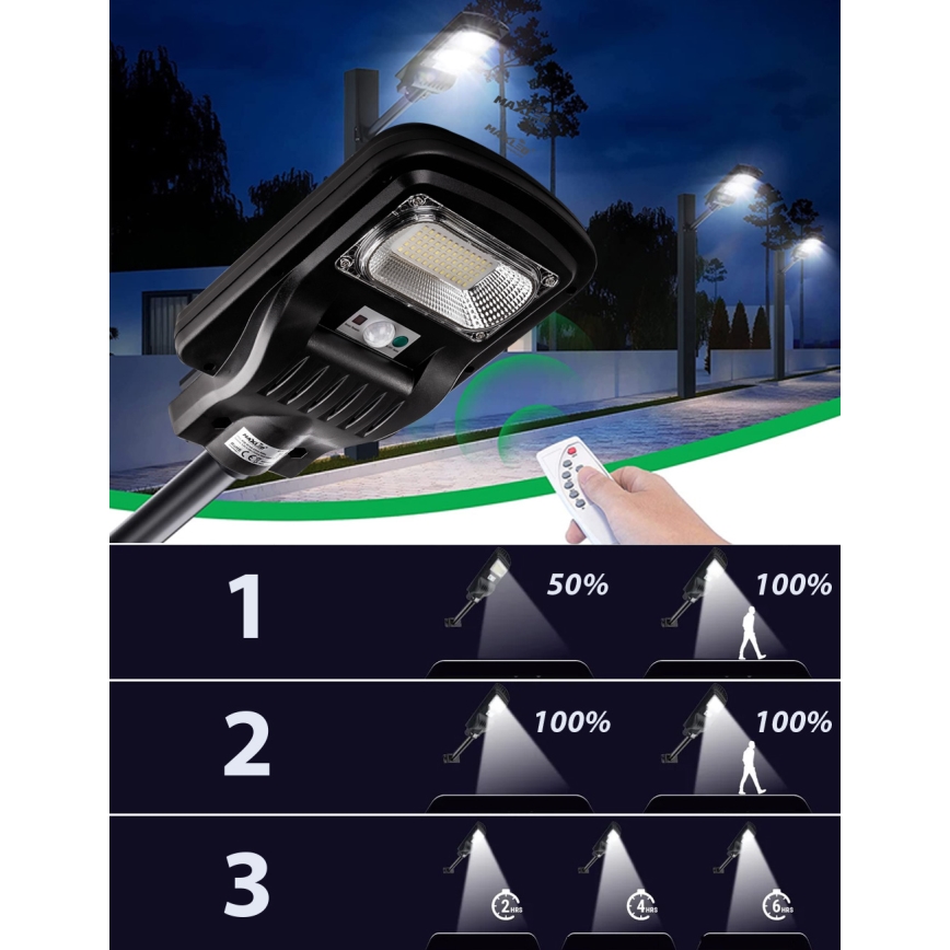 LED Dimbar gatubelysning med sensor LED/60W/6V 5500 mAh 6500K IP65 svart + fjärrkontroll