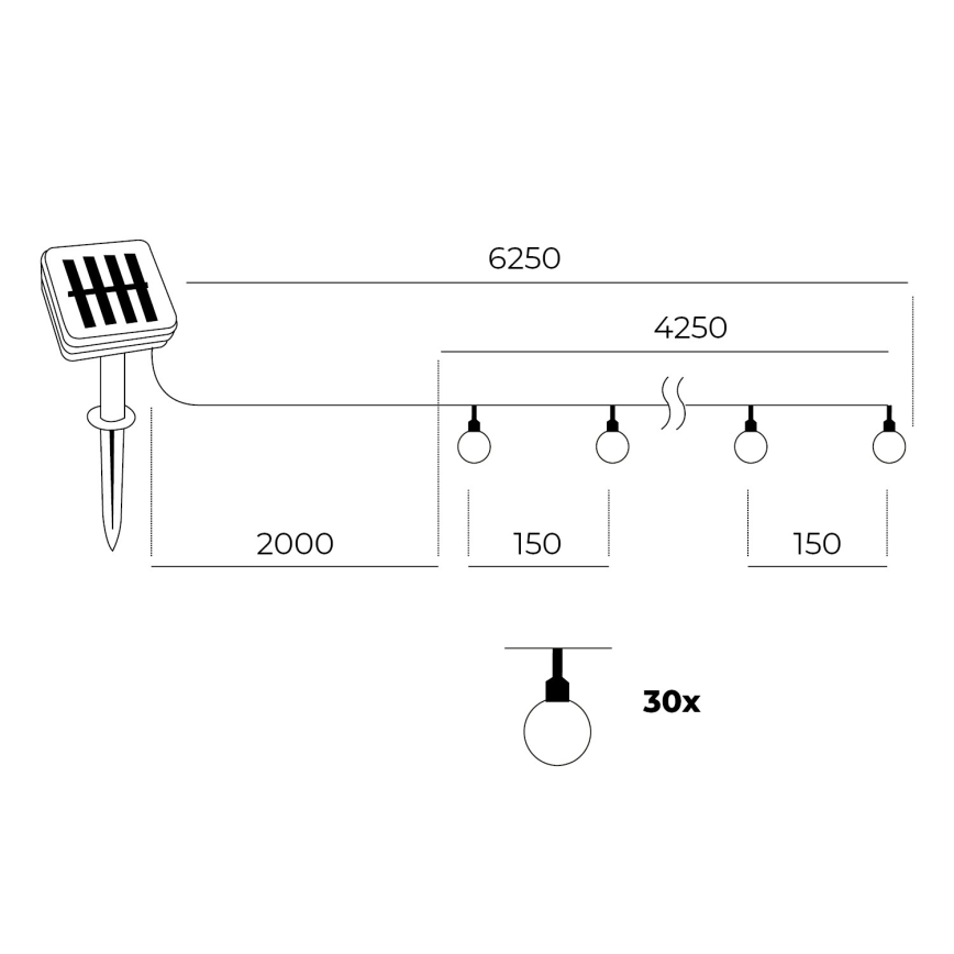 LED Solcellsljusslinga 30xLED/0,12W/1,2V 1xAA 3000K IP44 400 mAh