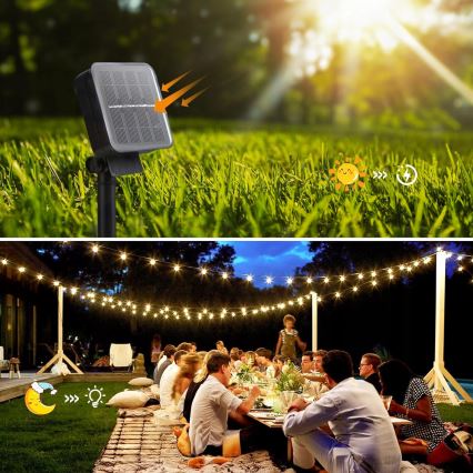 LED solcellsslinga för dekoration 30xLED/8 funktioner 500 mAh 10,6 m IP67 varmvit