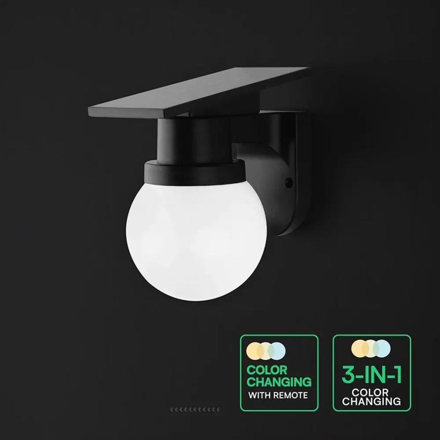 LED solcellsdriven vägglampa LED/3,7V 3000/4000/6400K IP54 1800 mAh svart + fjärrkontroll