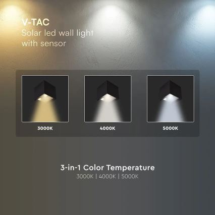 LED solcellsvägglampa med sensor, LED 9W/3,7V, 3000/4000/5000K, IP65, 2600 mAh, svart