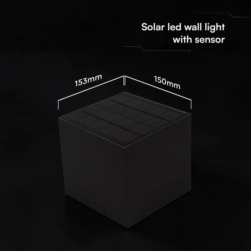 LED solcellsvägglampa med sensor, LED 9W/3,7V, 3000/4000/5000K, IP65, 2600 mAh, svart