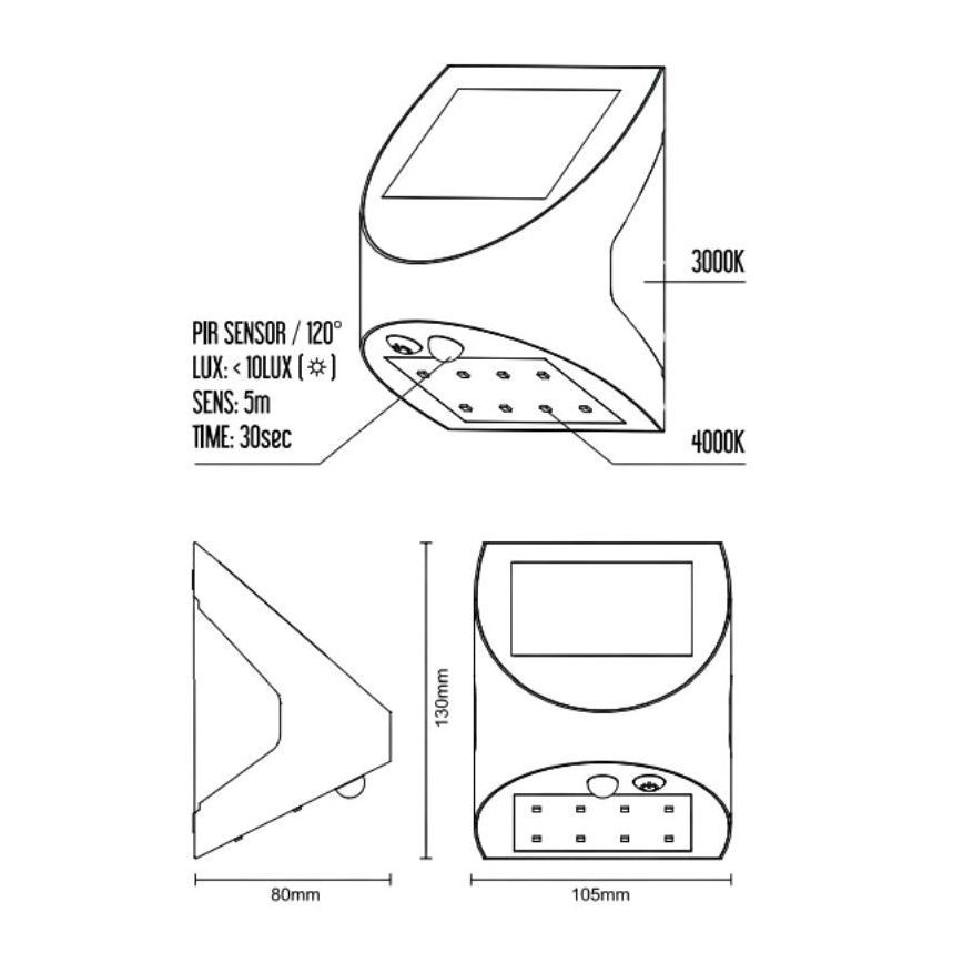 LED solcellsdriven vägglampa med sensor LED/3W/3,7V 3000/4000K 1200 mAh IP54 vit