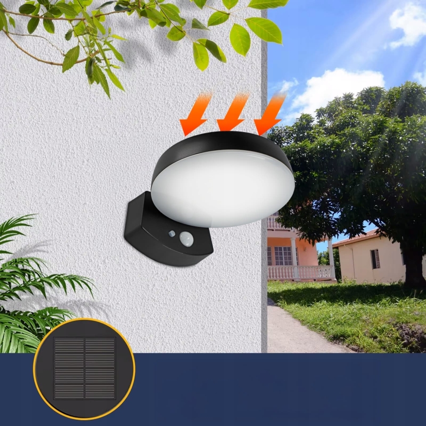 LED dimbar solcellsdriven vägglampa med sensor LED/3W/3,7V 1800 mAh IP54 svart