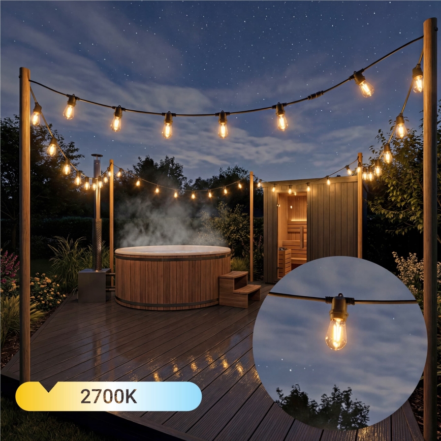 LED dimbar solcellsdriven dekorationsljusslinga 20xE27/0,3W/3/5V USB 2400 mAh 20,62 m IP65 svart + fjärrkontroll