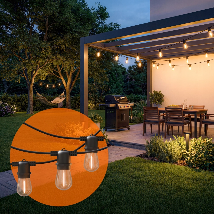 LED dimbar solcellsdriven dekorationsljusslinga 20xE27/0,3W/3/5V USB 2400 mAh 20,62 m IP65 svart + fjärrkontroll