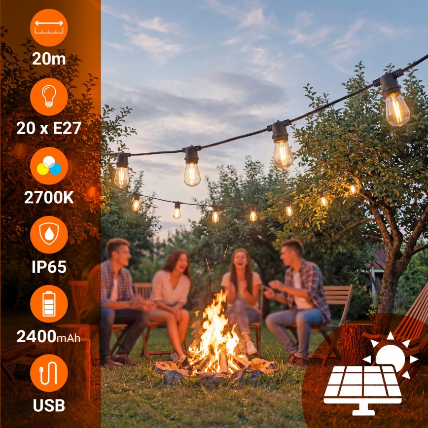 LED dimbar solcellsdriven dekorationsljusslinga 20xE27/0,3W/3/5V USB 2400 mAh 20,62 m IP65 svart + fjärrkontroll
