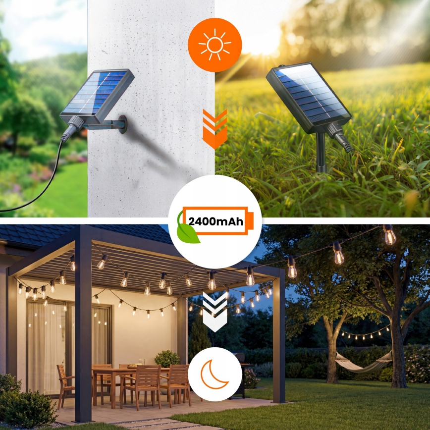 LED dimbar solcellsdriven dekorationsljusslinga 20xE27/0,3W/3/5V USB 2400 mAh 20,62 m IP65 svart + fjärrkontroll