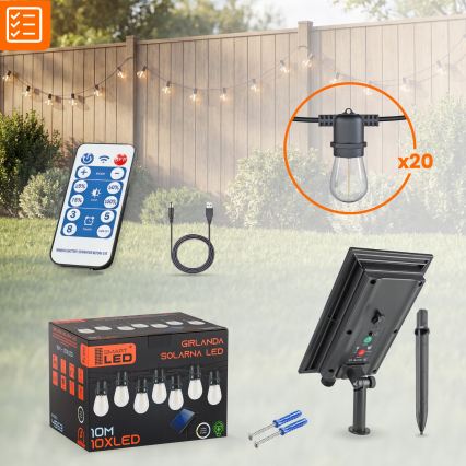 LED dimbar solcellsdriven dekorationsljusslinga 20xE27/0,3W/3/5V USB 2400 mAh 20,62 m IP65 svart + fjärrkontroll